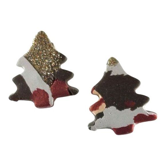 Holiday Christmas Tree Stud Post Earrings Multicolor Camo Gold Glitter Seasonal - Picture 1 of 13